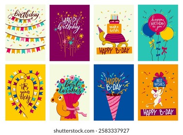 Happy Birthday card. Cartoon celebrate party comic postcard with funky 90s elements, creative invitation sweet desserts and funny balloons. Vector birthday celebration banner.