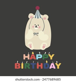 Happy birthday card with cartoon character animal. Vector festive white cute teddy bear in a festive hat with candles Happy Birthday on a black background