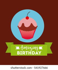 happy birthday card with cartoon cupcake icon and ribbon decoration. colorful design. vector illustration