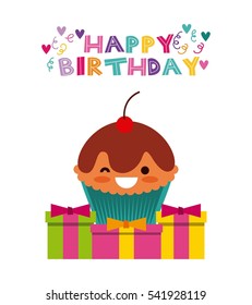 happy birthday card with cartoon cupcake icon. colorful design. vector illustration