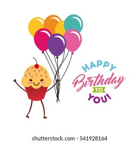happy birthday card with cartoon cupcake icon and balloons decorations. colorful design. vector illustration
