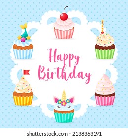 Happy Birthday card with cartoon cupcakes. Illustration of 6 sweet muffins decorated with cream and sprinkles on a blue dotted background. Vector 10 EPS.