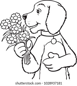 Happy birthday card with cartoon dog  holding flower bouquet