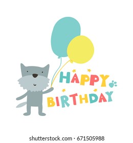 Happy birthday card with cartoon dog with balloons - vector illustration