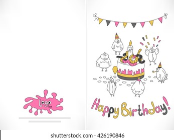 Happy birthday card. Cartoon funny bird birds near the cake with worms. Offset printing with displacement inks. Happy birthday background. Vector. Two-sided card. Trendy glitter gold, pink, gray.