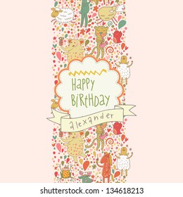 Happy birthday card. Cartoon musicians animals: frog, elephant, leopard, sheep, horse and others. Seamless pattern can be used for wallpaper, pattern fills, web page backgrounds, surface textures.