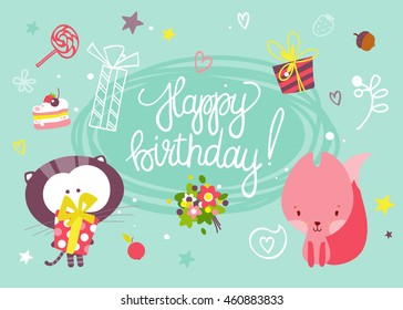 Happy Birthday card. Cartoon vector illustration.