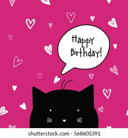 Happy Birthday card. Cat character. Template. Graphic design element. Seamless pattern at the background.