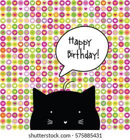 Happy Birthday card. Cat character. Template. Graphic design element.
Seamless pattern at the background.