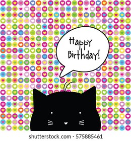 Happy Birthday card. Cat character. Template. Graphic design element.
Seamless pattern at the background.