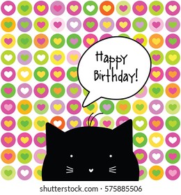 Happy Birthday card. Cat character. Template. Graphic design element.
Seamless pattern at the background.