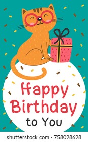 Happy Birthday card with cat and gift - vector illustration, eps
