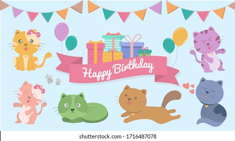 Happy Birthday card for cat lover, Greeting card with cute cats and gifts. Vector illustration.