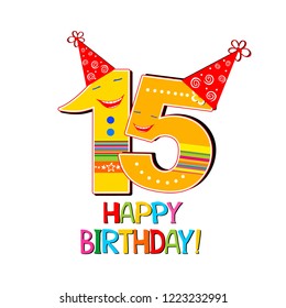 Happy birthday card. Celebration background with number fifteen, hat, star and place for your text. Vector illustration