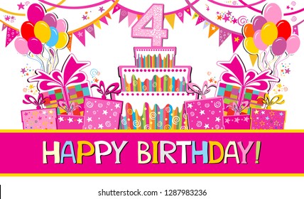 Happy birthday card. Celebration background with number four, garland,  Birthday cake, balloons and place for your text. Horizontal banner. Greeting, invitation card or flyer. vector illustration 