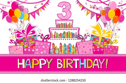 Happy birthday card. Celebration background with number three, garland, Birthday cake, balloons and place for your text. Horizontal banner. Greeting, invitation card or flyer. vector illustration 