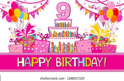 Happy birthday card. Celebration background with number nine, garland, Birthday cake, balloons and place for your text. Horizontal banner. Greeting, invitation card or flyer. vector illustration 