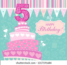 Happy birthday card. Celebration background with number five, Birthday cake,  flags and place for your text. Greeting, invitation card or flyer. Vector illustration 