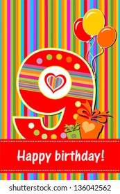 Happy birthday card. Celebration background with number nine, gift boxes, balloon and place for your text.  vector illustration