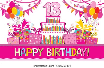 Happy birthday card. Celebration background with number thirteen, garland,  Birthday cake, balloons and place for your text. Horizontal banner. Greeting, invitation card or flyer. Vector illustration
