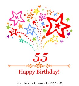 Happy birthday card. Celebration background with number fifty five, firework and place for your text. Vector illustration 