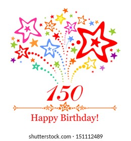 Happy birthday card. Celebration background with number hundred fifty, firework and place for your text. Vector illustration 