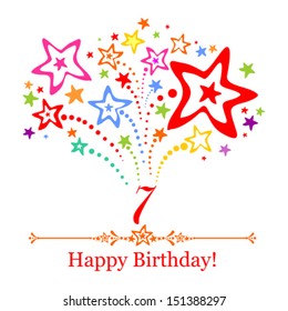 Happy birthday card. Celebration background with number seven, firework and place for your text. Vector illustration 