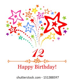 Happy birthday card. Celebration background with number twelve, firework and place for your text. Vector illustration 