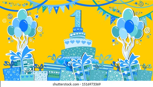 Happy birthday card. Celebration  background with number one, flag, balloon, hearts and place for your text. Birthday cake. Horizontal banner. Greeting, invitation card or flyer. Vector illustration 