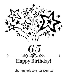 Happy birthday card. Celebration background with number sixty five, firework and place for your text. Vector illustration 