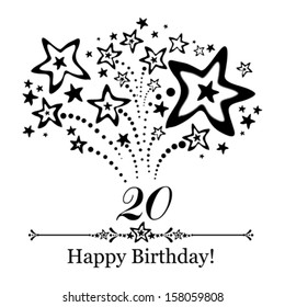 Happy birthday card. Celebration background with number  twenty, firework and place for your text. Vector illustration 