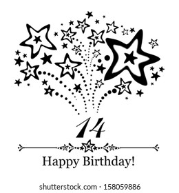 Happy birthday card. Celebration background with number fourteen, firework and place for your text. Vector illustration 