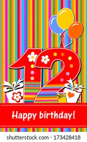Happy birthday card. Celebration background with number twelve, balloon, gift box and place for your text. Vector illustration 