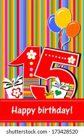 Happy birthday card. Celebration background with number fifteen, balloon, gift box and place for your text. Vector illustration 