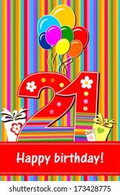 Happy birthday card. Celebration background with number twenty one, balloon, gift box and place for your text. Vector illustration 