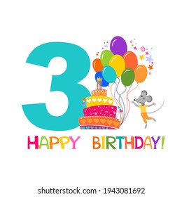 Happy birthday card. Celebration  background with number three, flags, balloon, cake and place for your text. Birthday cake. Horizontal banner. Greeting, invitation card or flyer. vector 