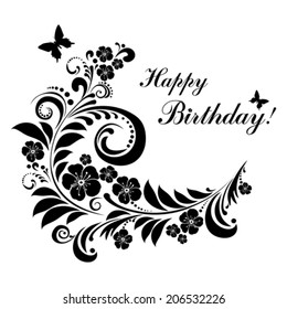 Happy birthday card. Celebration background with flowers, butterfly and place for your text. Vector illustration 