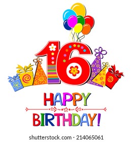 Happy birthday card. Celebration  background with number sixteen, balloon, gift box and place for your text. Vector illustration