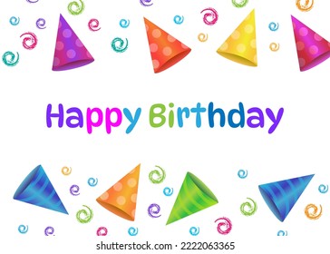Happy birthday card. Celebration background with colored carnival caps and place for text. Vector illustration
