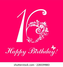 Happy birthday card. Celebration background with number sixteen and place for your text. Vector illustration 