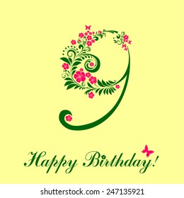 Happy birthday card. Celebration background with number nine and place for your text. Vector illustration 