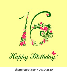 Happy birthday card. Celebration background with number sixteen and place for your text. Vector illustration 