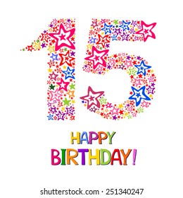 Happy birthday card. Celebration background with number fifteen, firework and place for your text. Vector illustration 