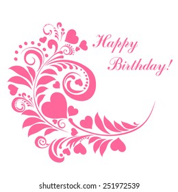 Happy birthday card. Celebration background with heart, flowers, butterfly and place for your text. Vector illustration