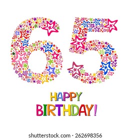 Happy birthday card. Celebration background with number sixty five, firework and place for your text. Vector illustration 
