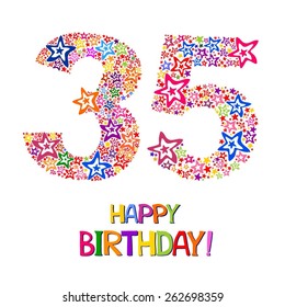 Happy birthday card. Celebration background with number thirty five, firework and place for your text. Vector illustration 