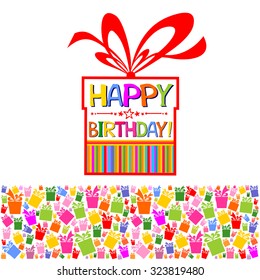 Happy birthday Card. Celebration background with Birthday cake, gift boxes and place for your text. Vector Illustration