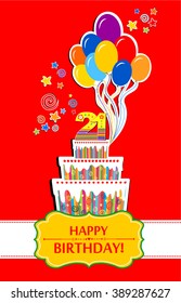 Happy birthday card. Celebration background with number twenty one, Birthday cake, balloon and place for your text. Vector illustration 