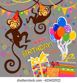 Happy birthday card. Celebration background with monkey, balloons, gift boxes and place for your text. vector illustration