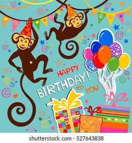 Happy Birthday Card Celebration Background Monkey Stock Vector (Royalty ...